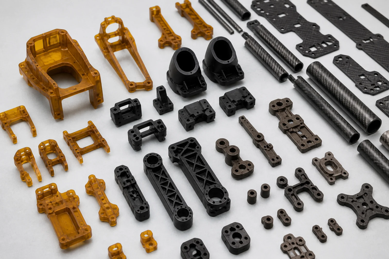 Engineering polymer and carbon-composite drone subcomponents arranged for inspection