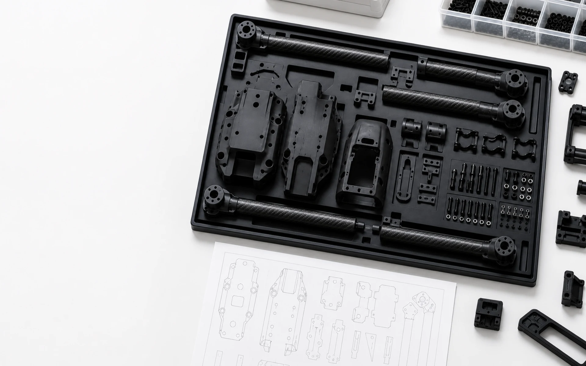 Organized drone polymer and composite components in a precision RFQ kit